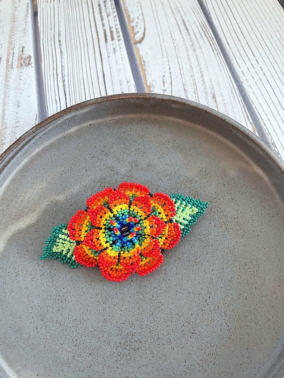 Boho Flower Hairclip, Handmade Beaded Barrette, Vibrant, Native American Jewelry, Indigenous Made, Boho Hair Accessories, Hair Barrette