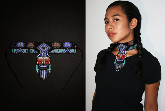 Mexican Sugar Skull Choker Necklace, Sugar Skull Beaded Choker, Day of the Dead Choker Ethnic Sugar Skull Necklace, Native American Choker