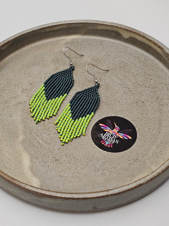 Short Boho Beaded Earrings, 2.75" Green Earrings, Contemporary Native American Beaded Earrings, Dainty Statement Earrings, Small Earrings