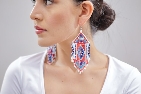 Geometric Aztec Earrings, Tribal Earrings, Native American Beaded Earrings, Pyramid Earrings, Large Dangling Earrings, Statement Earrings