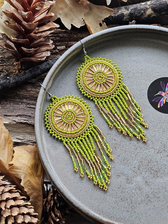 Olive Green & Gold Beaded Boho Earrings, Native American Beaded Earrings, Medallion, Faux Leather Back, Handmade | Biulu Artisan Boutique