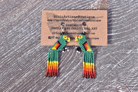 Boho Tropical Earrings, Parrot Earrings, Beaded Boho Earrings, Indigenous Made, Seed Bead Earrings, Fun Chic Earrings, Gift For Bird Lovers