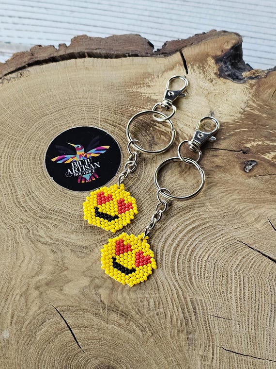 Beaded Keychain, Cute Keychain, Small Gift, Handmade gift, His and hers gift, Happy Face