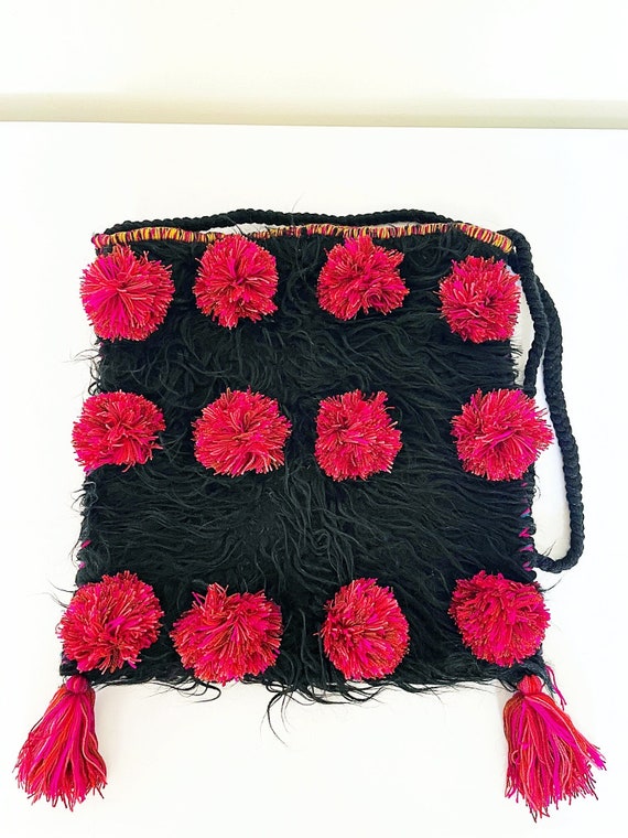 Black Shag Tote, Boho Bag,  Tote Bag, Handmade, Indigenous Made, Wool Boho Bag, Large Purse, Handmade | Biulu Artisan Boutique