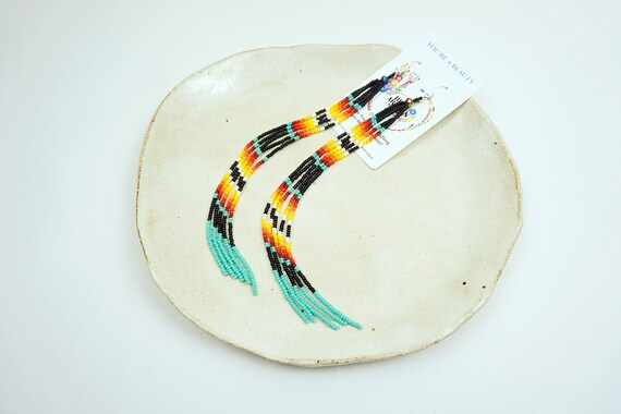 Long Boho Chandelier Earrings, Beaded Boho Earrings, Native Shoulder Duster Earrings, Indigenous Made Earrings, Handmade Earrings, Colorful