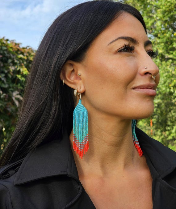 Turquoise Boho Earrings, Beaded Boho Earrings, Native American Beaded Earrings  Indigenous Made, Handmade Earrings | Biulu Artisan Boutique