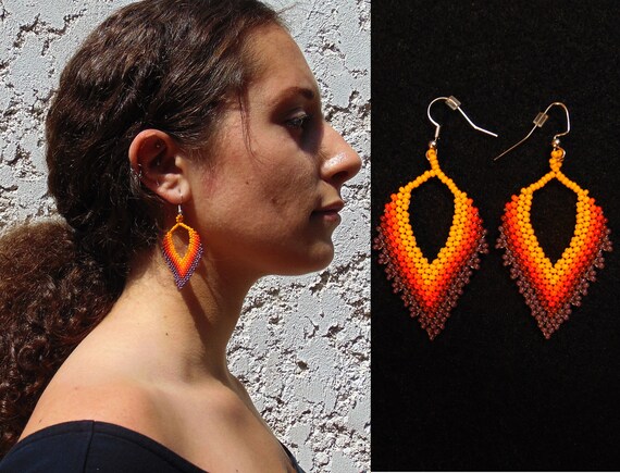 Peyote Stitch Beaded Feather Earrings, Huichol Beaded Earrings, Huichol Earrings, Traditional Beadwork, Native American Peyote Beadwork