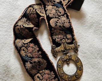 Embroidered Bell Pull, Regency Victorian Black Velvet Floral Brass Ring - A Rare Find, Some Damage.