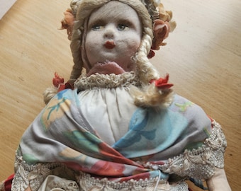 Large Vintage Costume Doll from Poland, Rare,  Original Clothes, Linen and Lace, Some Damage