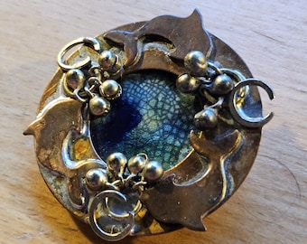 Copper, Enamel and Brass Dolphin Brooch, Vintage, Weird and Wonderful!