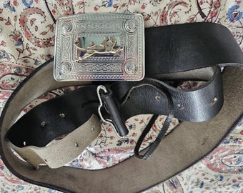 Wonderful Old Kilt Belt in Black Leather with Pewter 'Panther' + Celtic Design Buckle