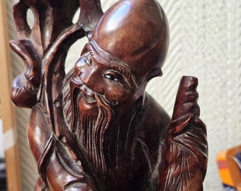 Chinese Immortal, Antique Root Carving, Shou Lao, Longevity, Hardwood, Rosewood? Scroll and Staff. Wonderful -