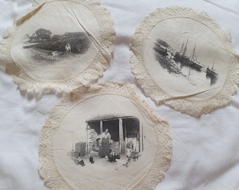 Three Antique Fine Linen Place Mats with Old Photo Images of Country Life and Bobbin Lace