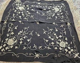 Small Hand Embroidered Shawl, Cantonese, Chinese, Antique, Double Sided, Plaited Fringe