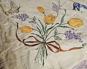 Hand Embroidered Silk Shawl, 1920s, Vintage, Large, Single Sided With Fringe, Birds, Flowers, Butterflies, Some Damage, Possible Cutter.