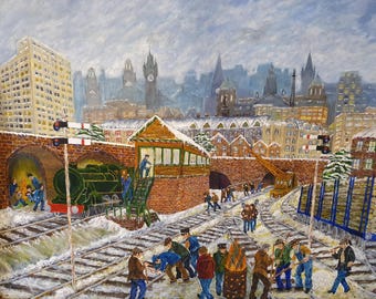 Railway Construction - Signed Giclee Print of Original Painting in Acrylics by Scottish Artist Alan Lees, Industrial Art, Cityscape, History