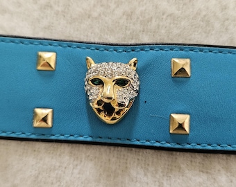 Vintage Escada Belt, Turquoise Leather, Diamante Cats, Gilt Buckle, European Size 38  (UK 8-10) Small