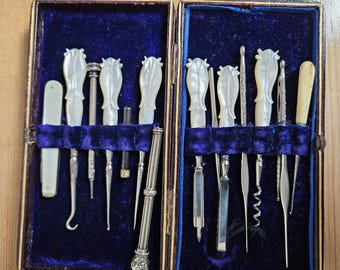 Edwardian Lady's Sewing, Lace Making, Travelling Set, Etui, Necessaire, Mother-of-Pearl Handles plus 2 White Metal Propelling Pencils.