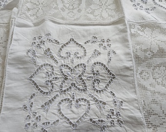 Antique Linen and Lace Tea Tablecloth + Ten Napkins, Filet, Madeira Embroidery
