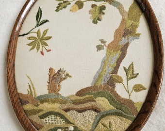 Antique Hand Embroidered Picture, Squirrel, Oak Tree, Regency? Fine Wool, Heavy Oak Frame