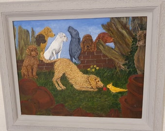 Charming Framed Original Painting in Acrylics by Scottish 'Outsider' Artist Alan Lees - Lots of Dogs and a Cockatiel.