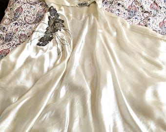 Robe de Style, Antique Cream Silk Satin, 1920s Wedding or Party Dress, Damaged, Collectable, Small!