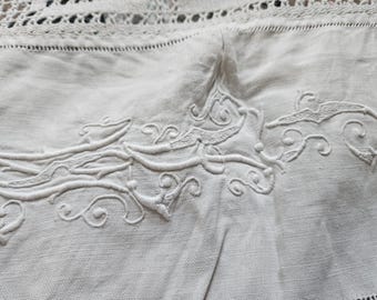 Hand Embroidered French Linen & Crochet Bedspread, Top Sheet, Monogram, Antique, Large