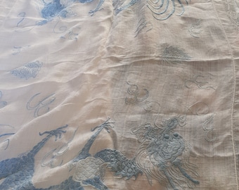 Gorgeous Large Chinese White Pina or Fine Linen Embroidered Tablecloth / Bed Cover, Blue Dragons and Drawn Work.