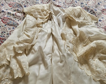 Antique Cream Silk Christening Cape, Victorian, Damaged, Frilled, Layered, Ornate, Soft Cotton Lining, Needs Restoration.