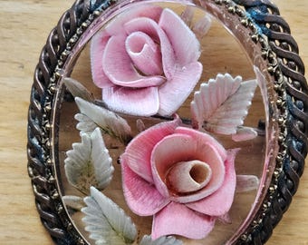 Lucite Carved Rose Brooch, French, in Plaited Metal Setting, Unusual, Rare & Detailed