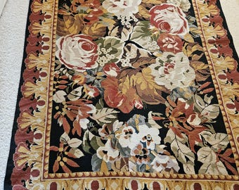 Vintage Needlepoint Wool Rug, Hand Made, Floral, Autumn Colours