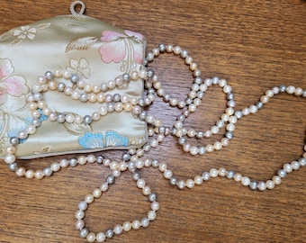 Honora Pearls, Long Single Strand Necklace, Lovely Lustrous Grey, Cream and White Beads, in Cream Floral Honora Collection Pouch.