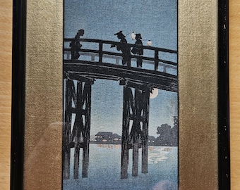 Japanese Woodblock Print, Takahashi Shōtei, Moon over Ryōgoku Bridge, Red Seal, Framed