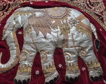 Huge Elephant Wall Hanging, Thailand, Raised Work, Gold Thread, Sequins and Beads on Red Velvet, Richly Hand Embroidered, Gorgeous.