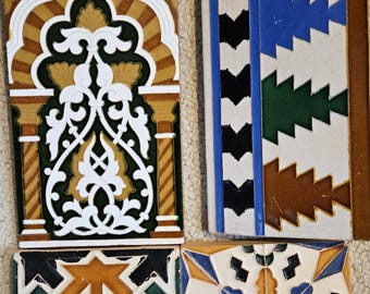 Four Spanish Ceramic Tiles: One Mensaque Rodriguez Art Nouveau, One Antique Tile From Seville, Plus Two Square Aljarafe Artesanal Tiles.
