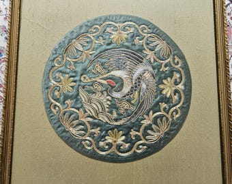 Antique Chinese Rank Badge, Circular, Lucky Crane and Lotus Flowers, Gold Thread Embroidery on Green Silk,  Nicely Framed in Hong Kong.