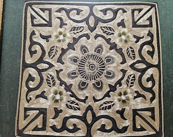 Antique Chinese Rank Badge, Gold Thread Embroidery on Black Silk, Lotus Flower, Nicely Framed in Hong Kong.