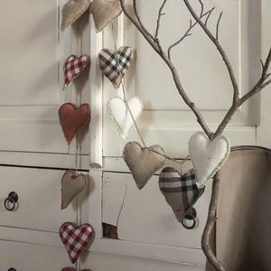 Hearts (set of 6)/ Heart garland/ Heart hanging wall ornament/ Cotton heart Christmas tree decoration/ Valentine&#39;s day linen heart bunting