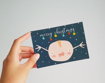 Christmas postcard, Holiday card, Cute weird boy