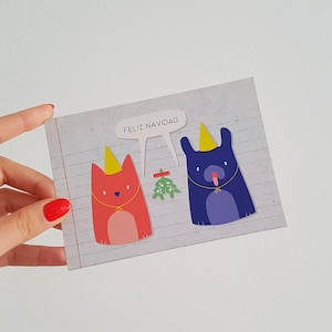 Christmas postcard, Holiday card, Cute cat and dog