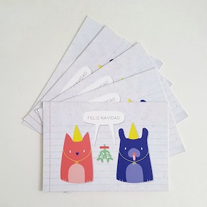Christmas postcard, Holiday card, Cat and dog - Set of 5