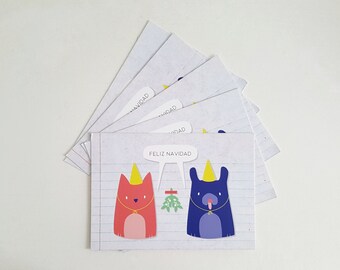 Christmas postcard, Holiday card, Cat and dog - Set of 5