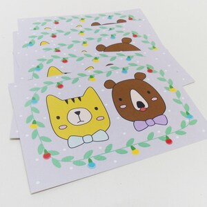 Christmas postcard, Holiday card, Cute cat and bear - Set of 5