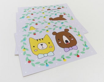 Christmas postcard, Holiday card, Cute cat and bear - Set of 5