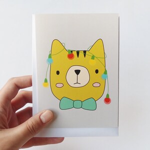 Cute Christmas card, Holiday greeting card, Cat with christmas lights 画像 3