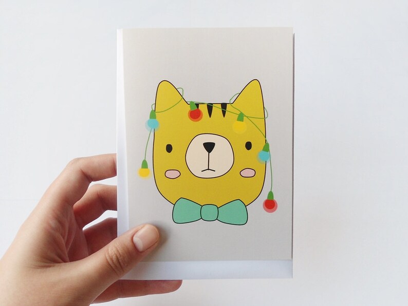 Cute Christmas card, Holiday greeting card, Cat with christmas lights 画像 3