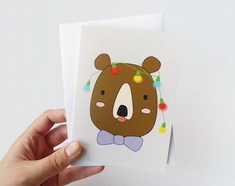 Cute Christmas card, Holiday greeting card, Bear with christmas lights