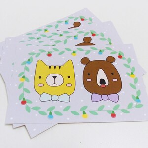 Christmas postcard, Holiday card, Cute cat and bear - Set of 10