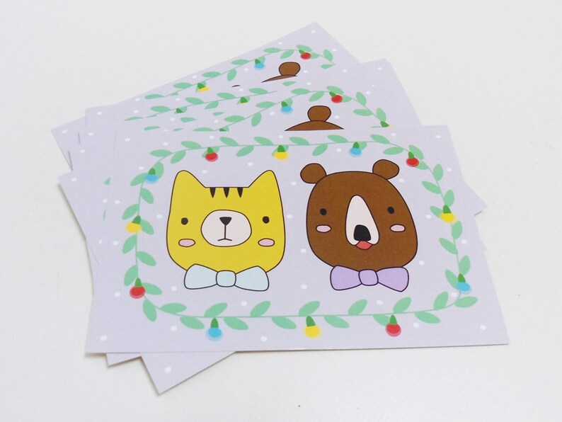 Christmas postcard, Holiday card, Cute cat and bear Set of 10 image 1