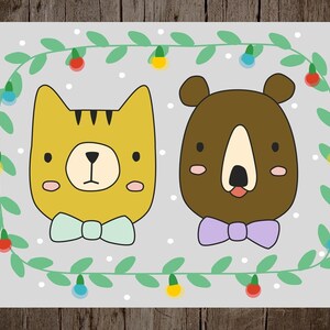 Christmas postcard, Holiday card, Cute cat and bear Set of 10 image 5